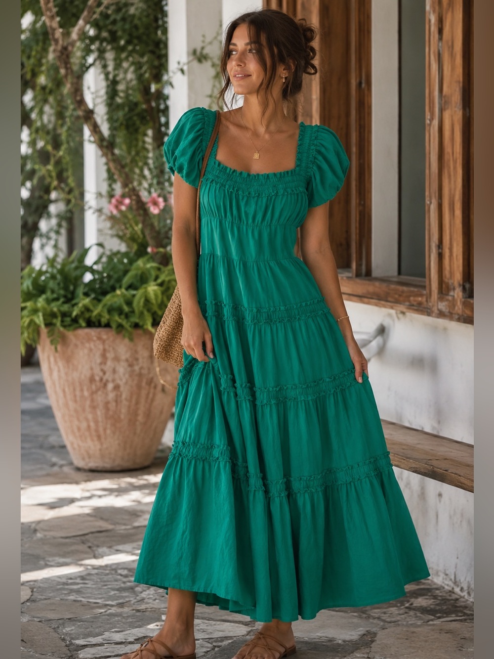 NWT Anthropologie Love The Label Maxi Dress $295 Tiered Smock XS Green‎